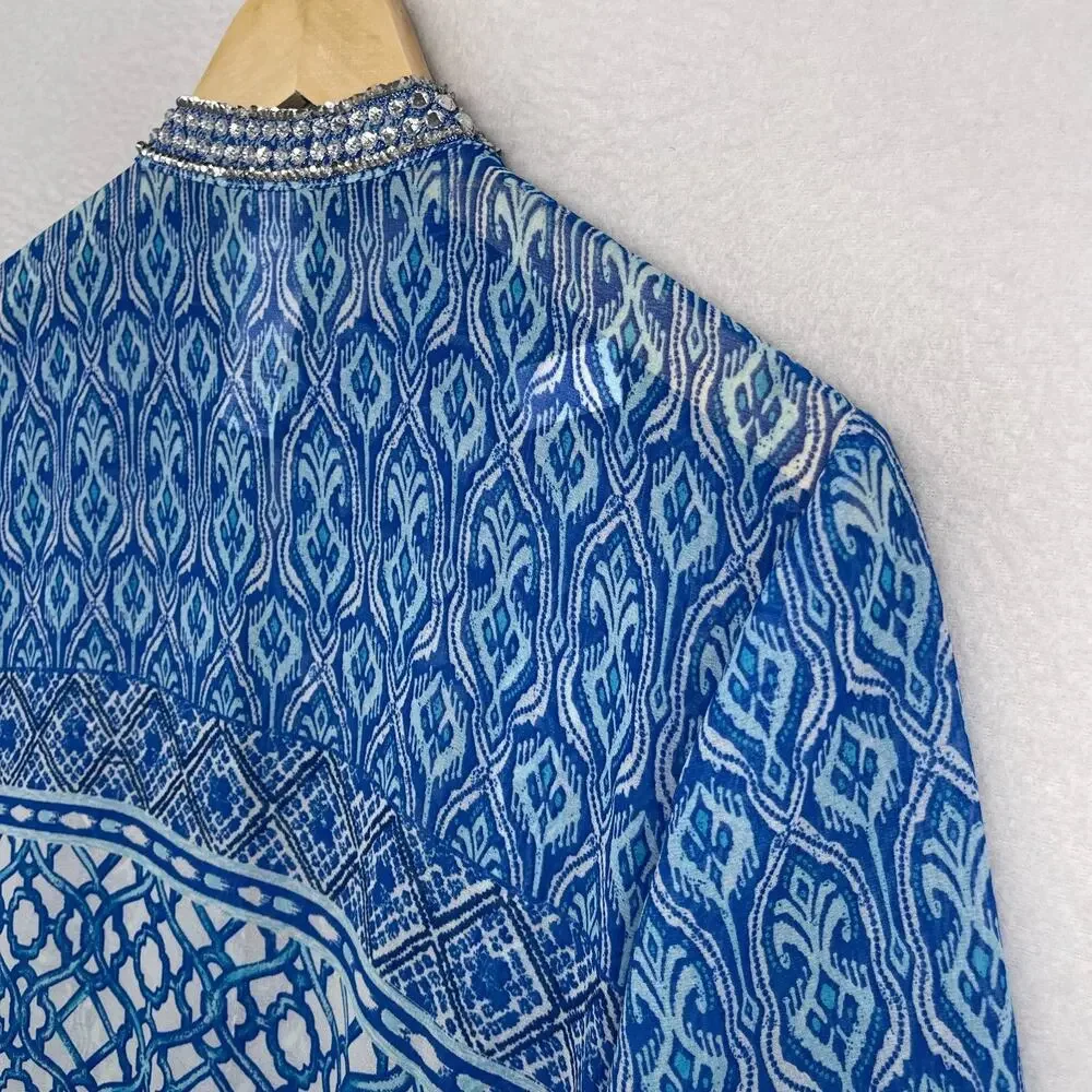 CHICOS Tunic 3 XL Chiffon Seaside Scroll Kurta Embellished Long Sleeve Blue NEW - Picture 8 of 14